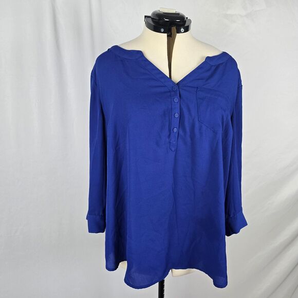 Torrid Blouse Women's 2X Blue V-Neck 1/4 Button Up Long Roll Tab Sleeves Ruffle - Picture 15 of 15